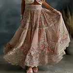 Women's Romantic Vacation Floral Roses Art Linen Blend Casual Skirt - Image 3