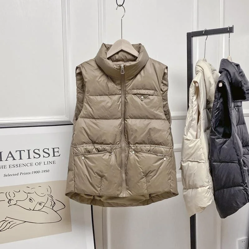 Woherb Down Jacket Vest Female Short Style Autumn And Winter Station White Duck Velvet Vest Rivet Tide Horse Clip Tide Coat-Outfit Ideas