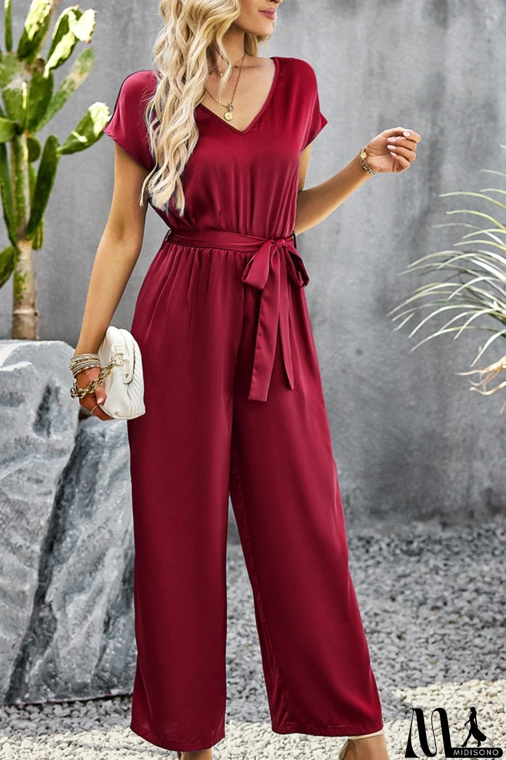 MidiSono - Tie Belt V-Neck Short Sleeve Jumpsuit