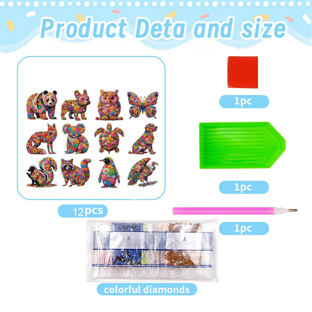 12 Pcs Flower Animals 5D Diamond Painting Sticker Kit Diamond Art Stickers
