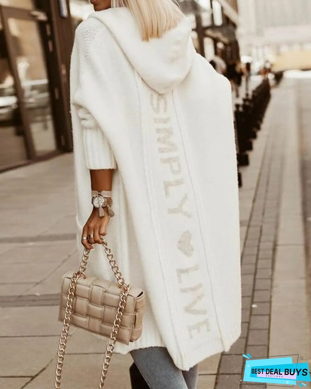 Letter Heart Print Long Line Hooded Cardigan