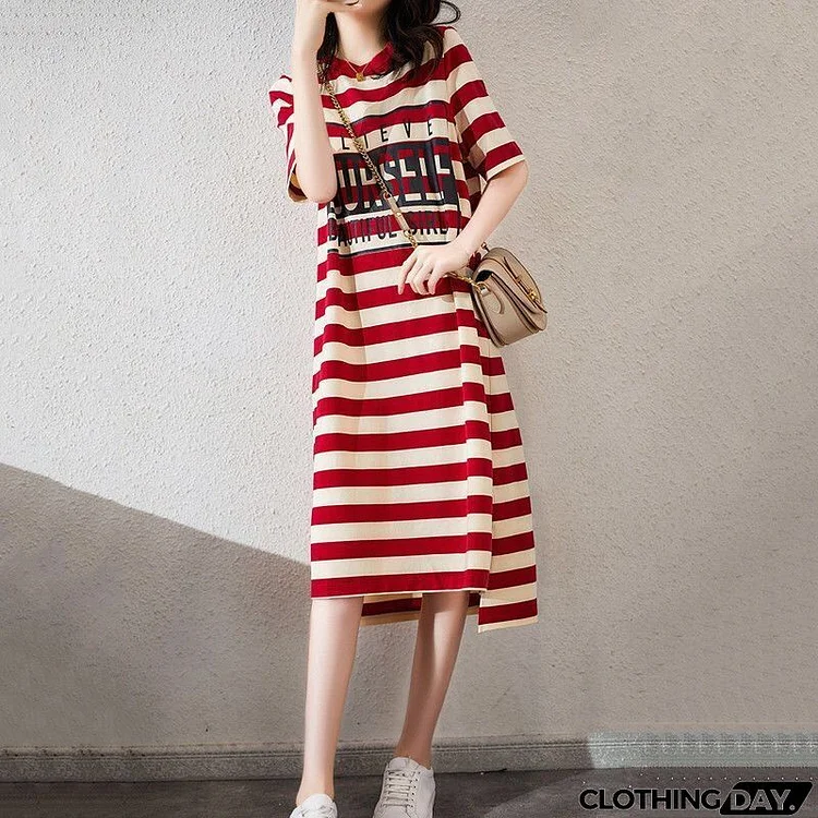 Women Casual Loose Stripe Printed Short Sleeve Dress