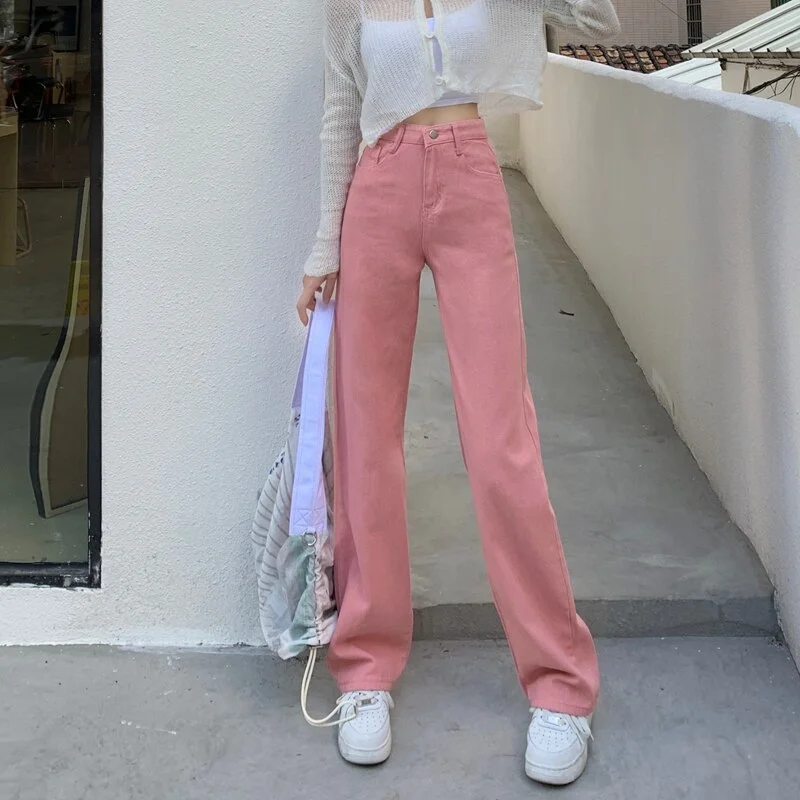 Colourp Pink Y2k Jeans Women High Waist Summer Spring Korean Fashion Streetwear Straight Leg Pants Women Denim White Bottoms