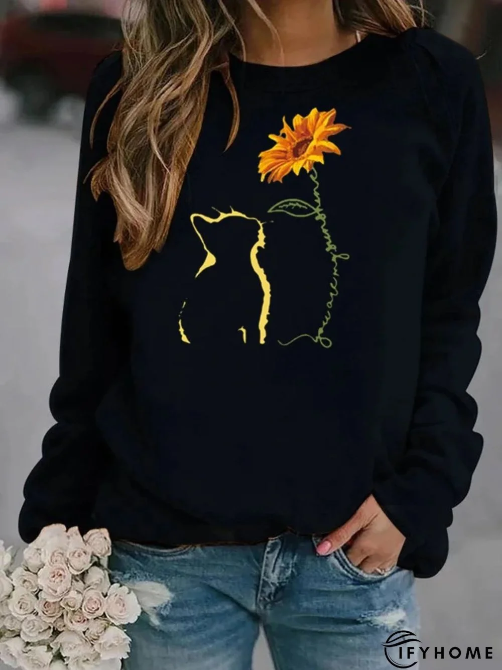 Cat Sunflower Casual Cotton-Blend Printed Long Sleeve Sweatshirt | IFYHOME