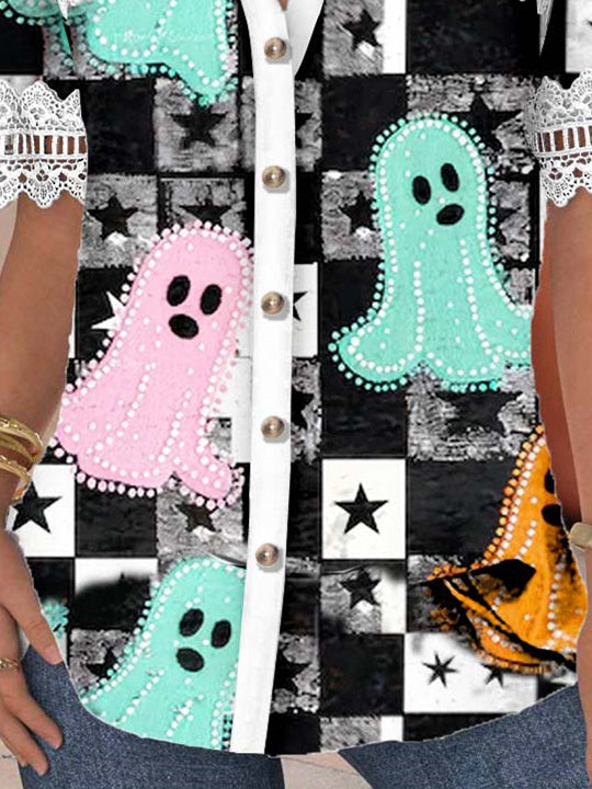 Women Short Sleeve V-neck Skull Printed Graphic Lace Hollow Stitching Button Tops