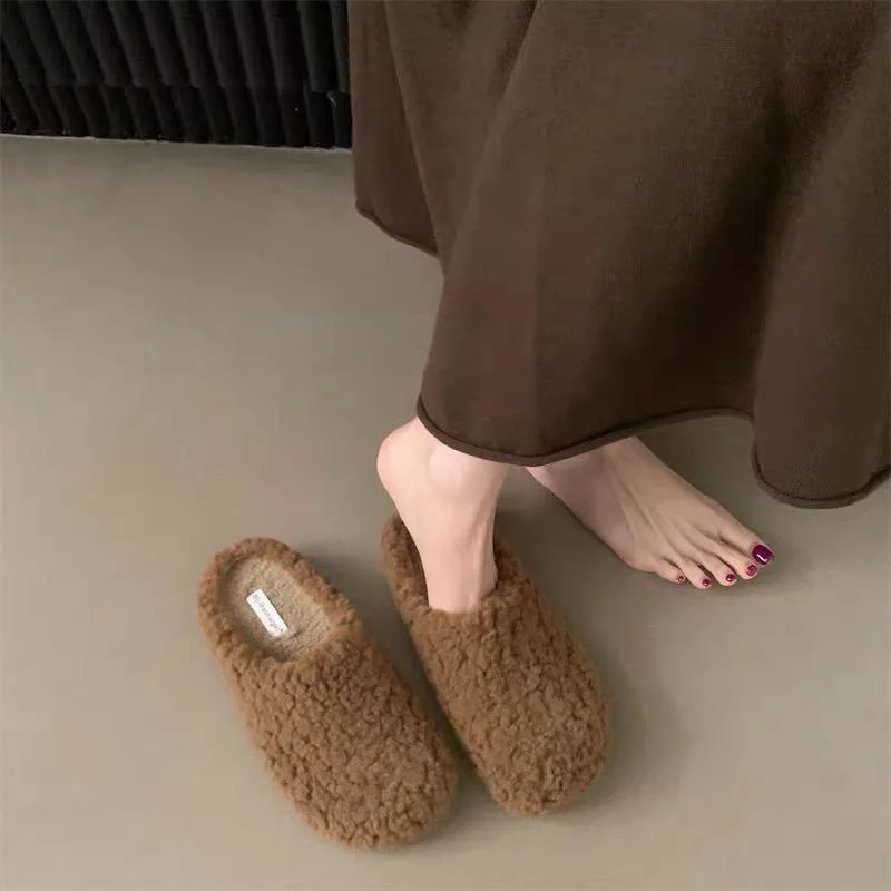 Yyvonne Retro Lamb Hair Plus Plush Fur Slippers Women's Bag Head Dragging Fairy Wind Lazy Cotton Slippers