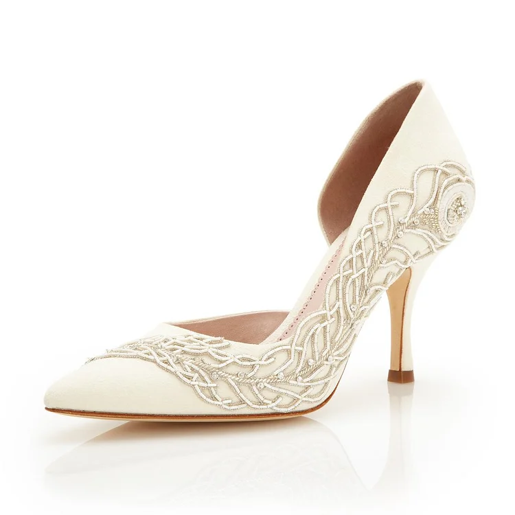 Ivory Vegan Suede Bridal Heels Pointed Toe D'Orsay Pumps |FSJ Shoes