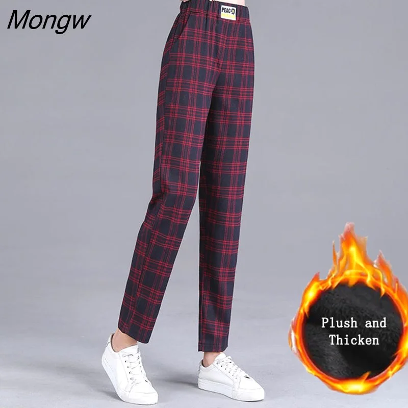Mongw and Thicken Vintage Plaid Printing Pencil Pants 2022 Winter Women Korean Elastic High Waist Pockets Harem Trousers Trend