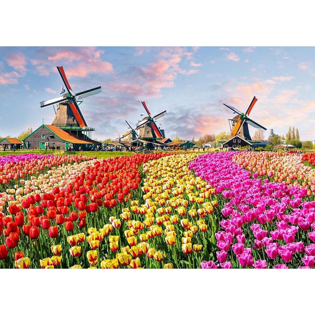 

40x30cm Round Drill Diamond Painting-Picture Windmill Flower Field, 501 Original