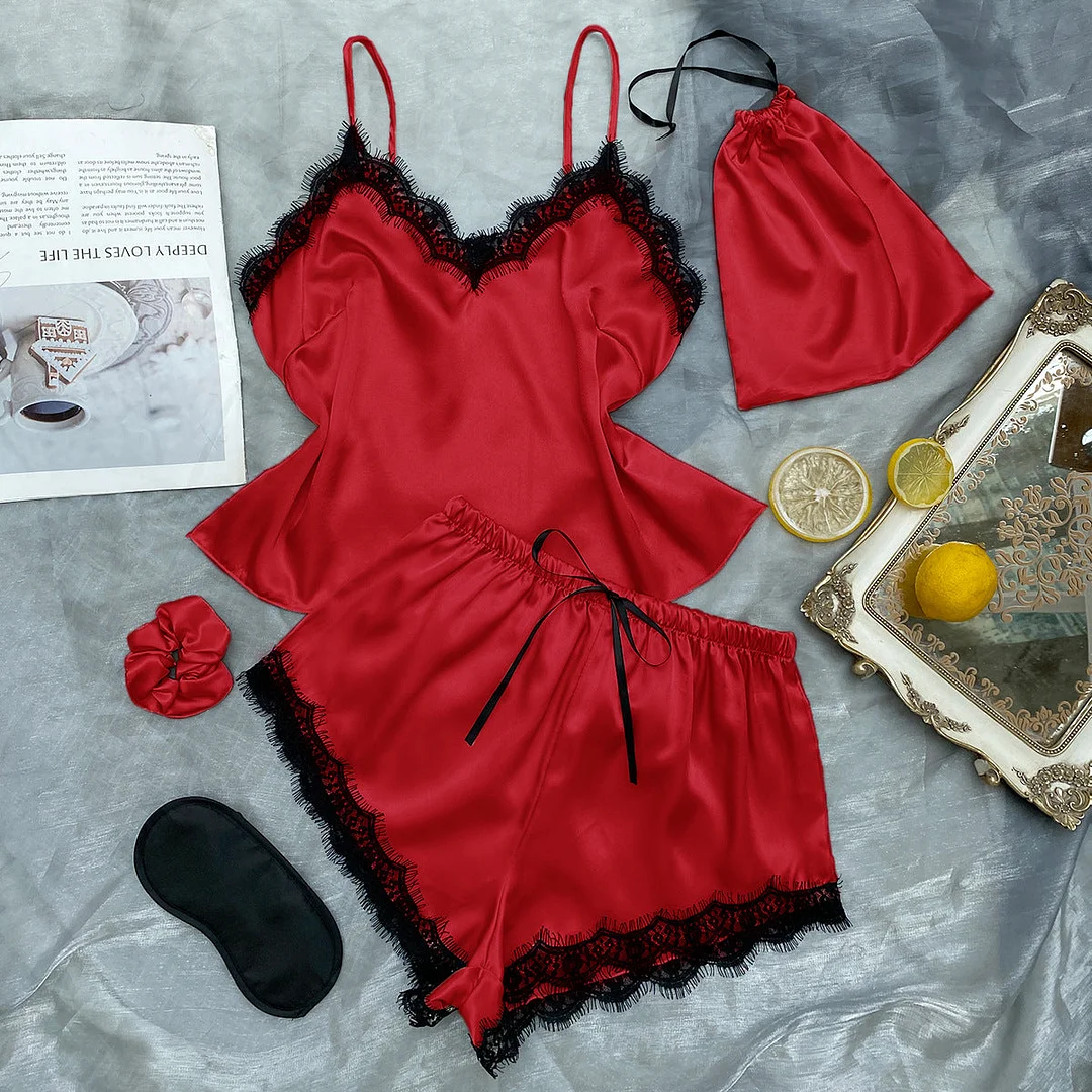 V Neck Sling Sexy Top With Shorts Stitching Lace Sleepwear Set
