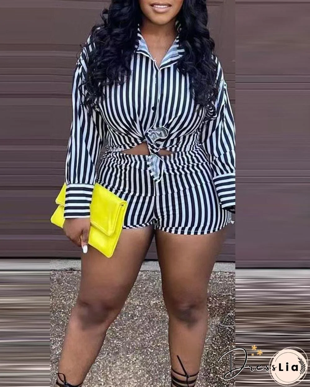 Striped Button Up Drop Shoulder Top & Shorts Set