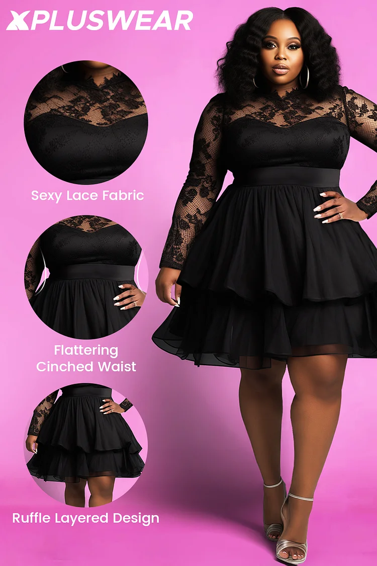 Xpluswear Design Plus Size Cocktail Party Black Round Neck Long Sleeve See Through Ruffle Chiffon Lace Mini Dresses [Pre-Order]