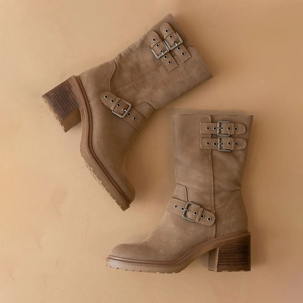 Brown Round Toe Stylish Motorcycle Heel Boots for Women with Buckle