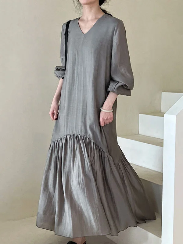 Elasticity Pleated Solid Color Split-Joint Zipper High Waisted Long Sleeves V-Neck Midi Dresses