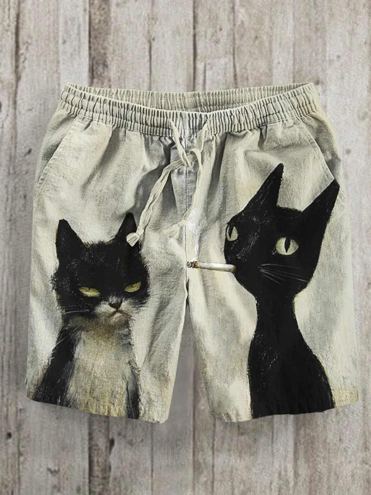 Men's Tuxedo Cat Smoking Print Casual Shorts