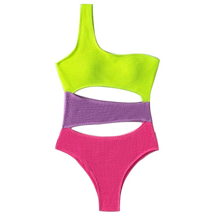 Flaxmaker Pitted Fabric Color Block Cutout One Piece Swimsuit