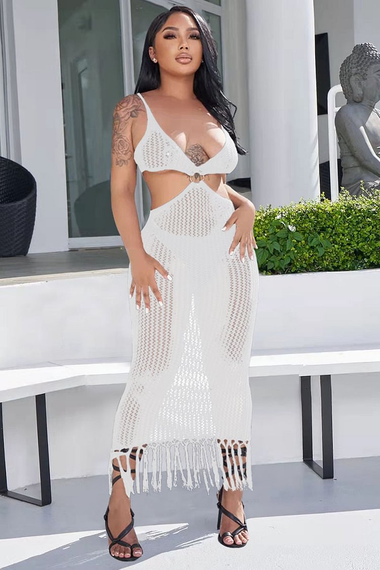 Fringed Knit Cut Out V Neck Beach Cover Ups Midi Dresses