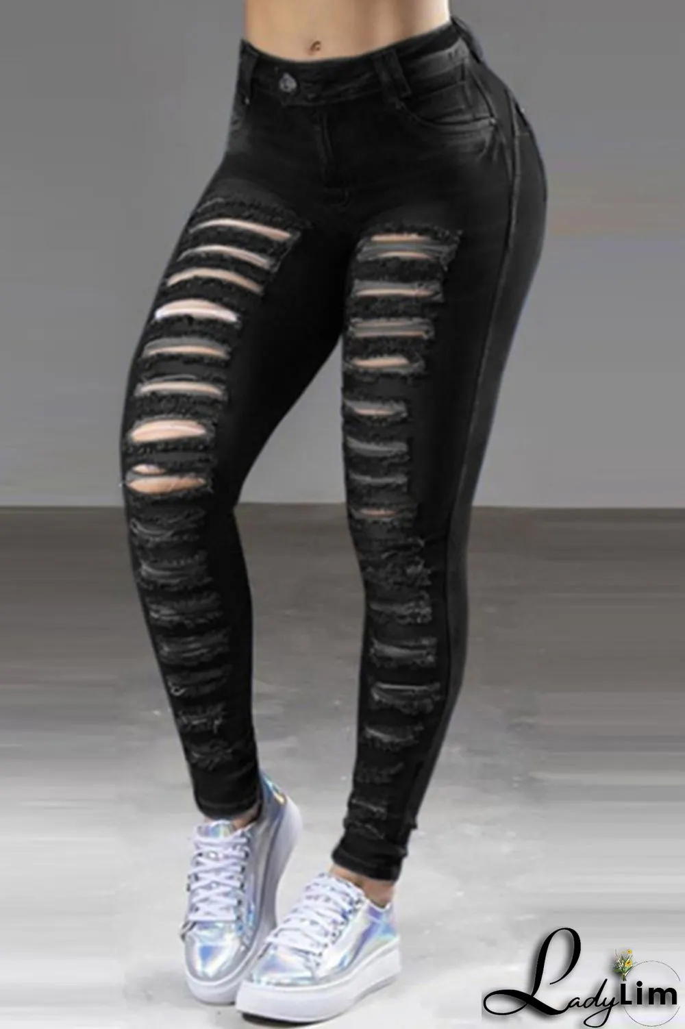Dark Blue Fashion Casual Solid Ripped High Waist Skinny Denim Jeans