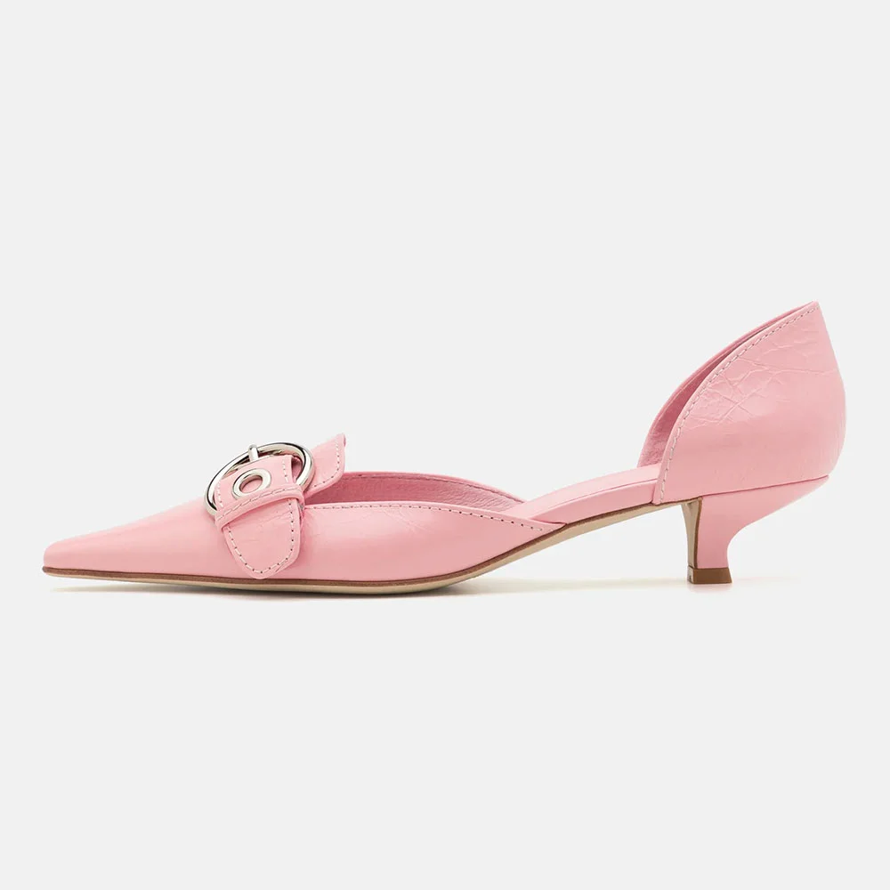 Pink Faux Leather Pointed Toe Kitten Heel Grommet Buckle Pumps Shoes