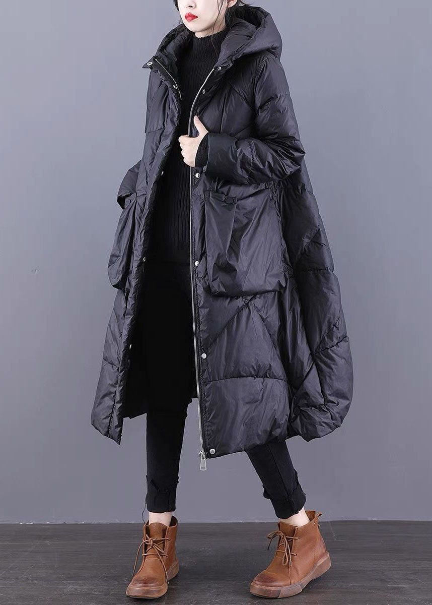 Loose Black Hooded Pockets Duck Down Winter down coat CK2328- Fabulory