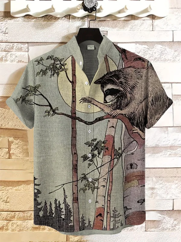 Men's Vintage Night Raccoon Art Print Linen Blend Shirt
