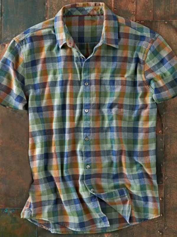 Men's multicolor lattice pattern cotton linen shirt