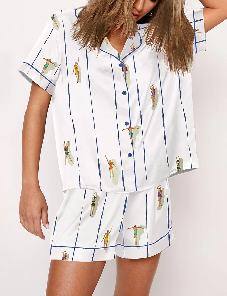 Women&rsquo;s People Swimming In Pool Summer Minimalist Tiny Swimmers Print Short Sleeve Satin Pajama Set