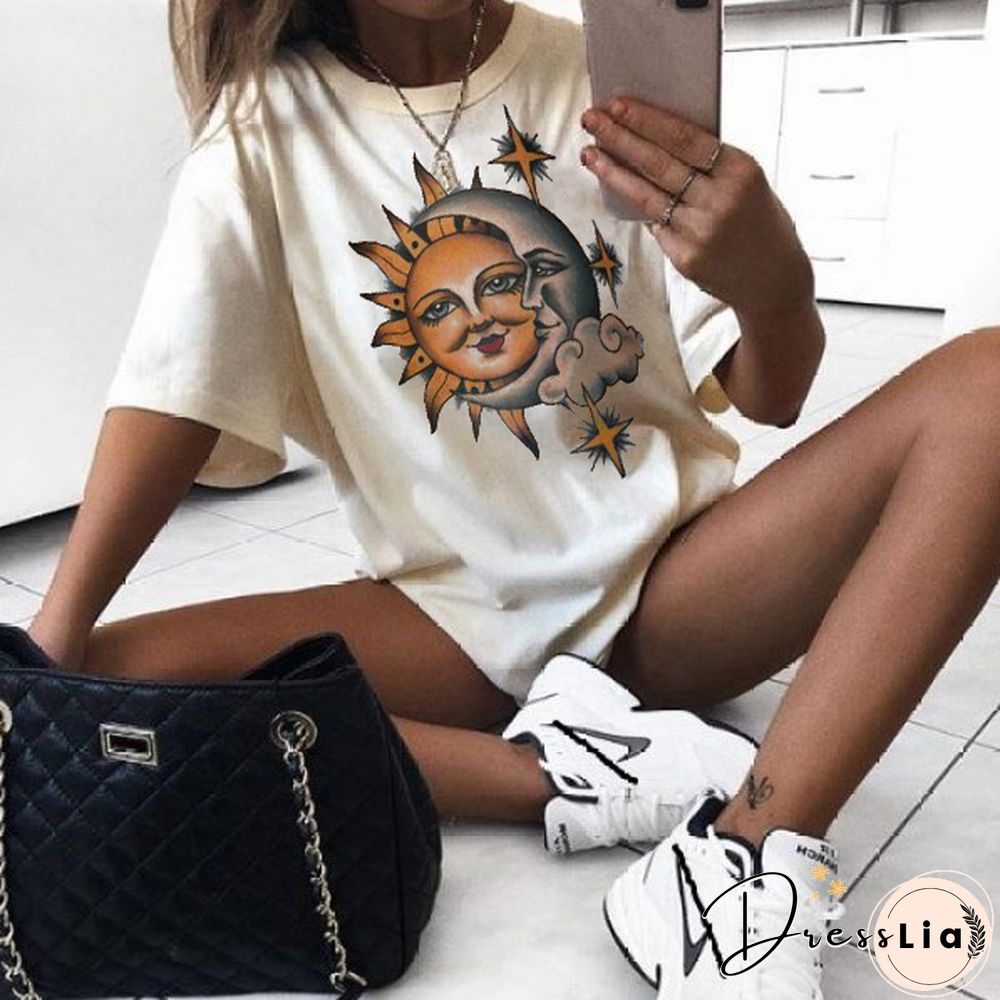 Vintage Moon Sun Printed Short-Sleeved T-Shirts