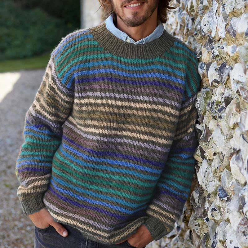 Vintage Rainbow Stripe Knit Jacquard Crew Neck Sweater（Unisex）