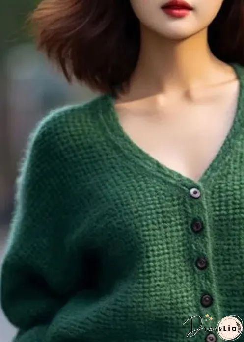 Loose Green V Neck Button Patchwork Cotton Knit Top Spring