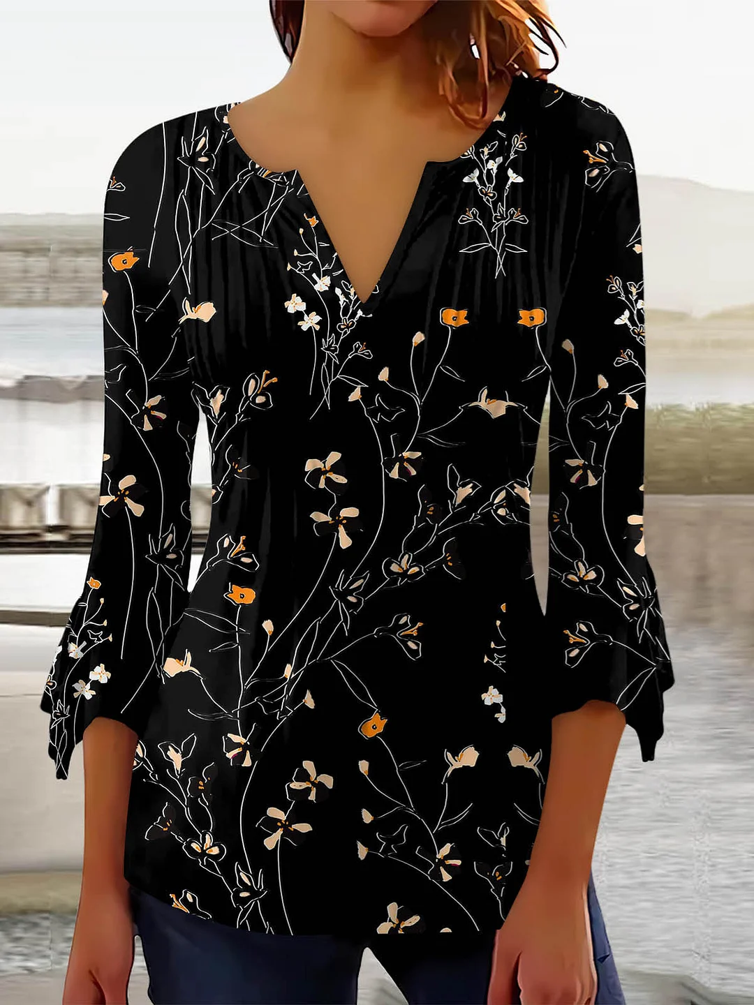 Women's Graphic Pattern Solid Color V-Neck 3/4 Sleeve Top