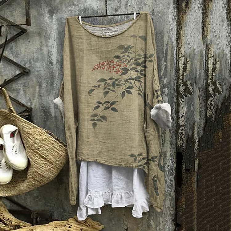 Comstylish Vintage Japanese Flower Print Round Neck Loose Blouse