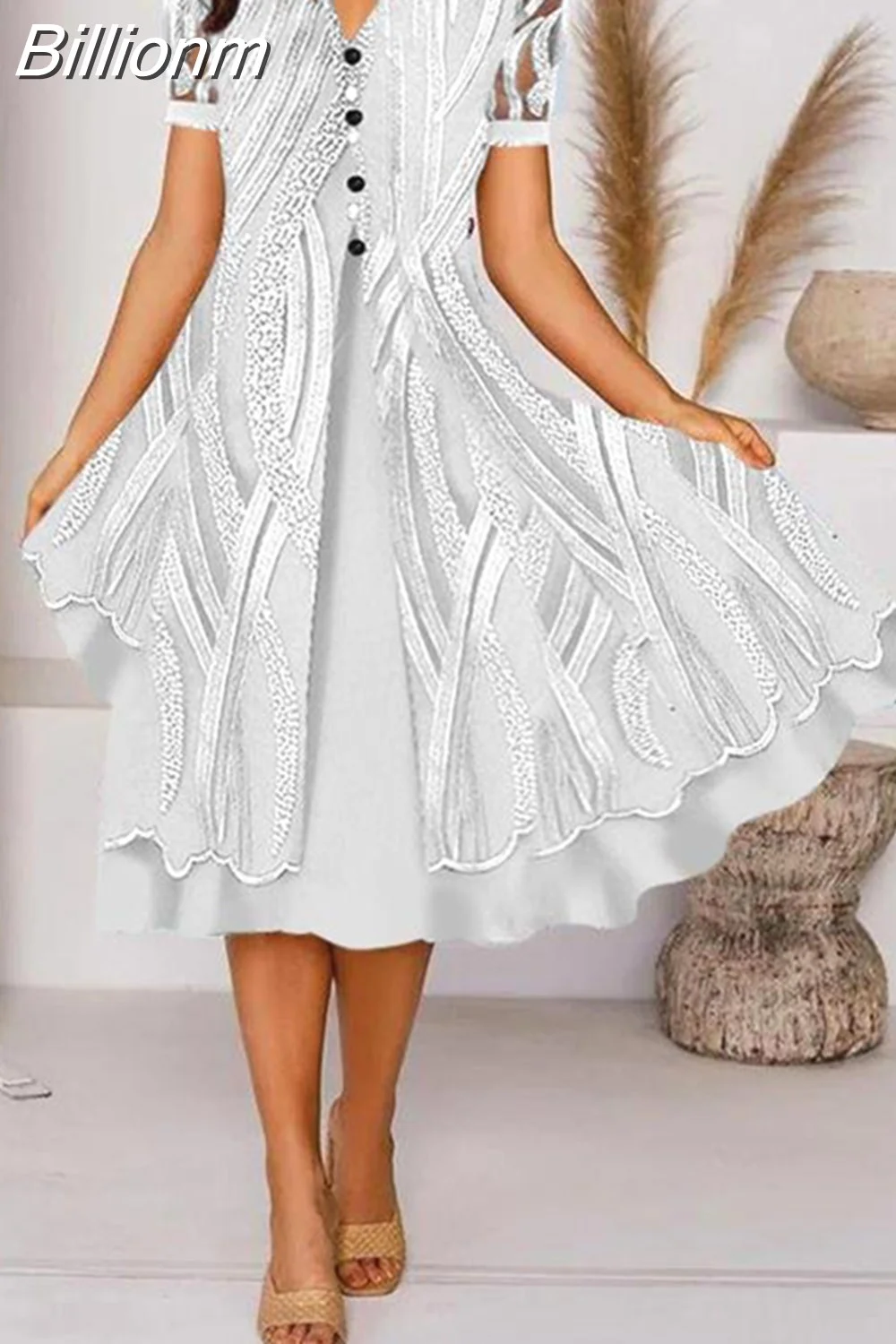 Billionm Women Print Party Dress Fashion Button Lace Office Dress Female 2025 New Spring Summer V Neck Pocket Short Sleeve Dress 413-0