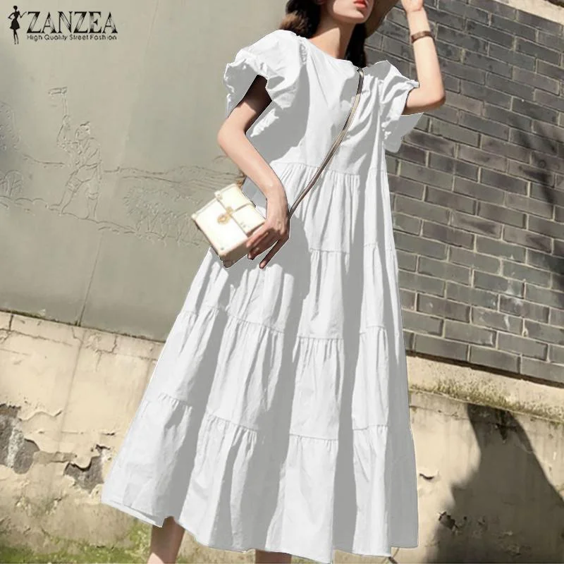 Women Summer Sundress Vintage Short Puff Sleeve Dress ZANZEA Fashion Party Long Vestidos Solid Kaftan Dresses Baggy Robe Femme