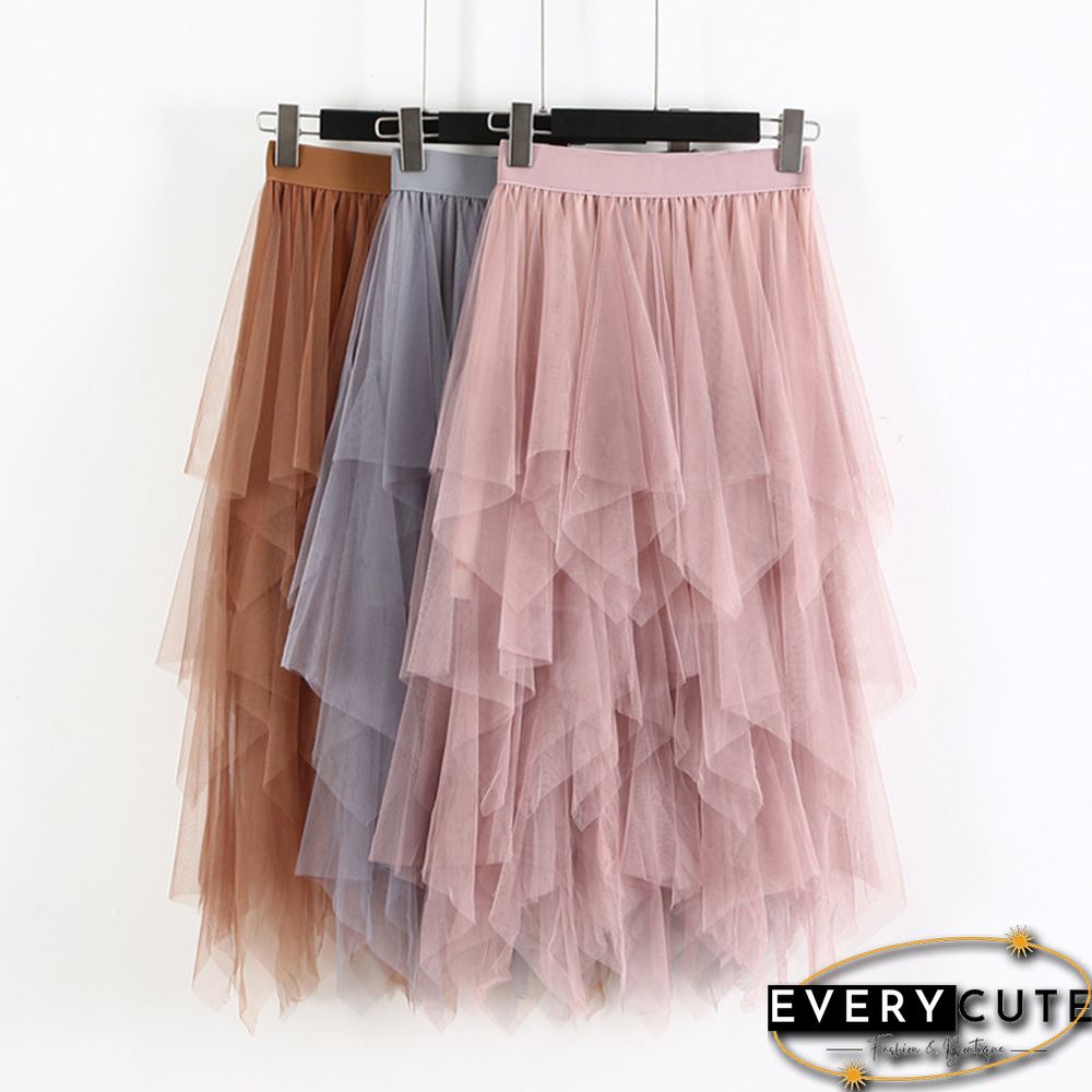 Women Irregular Tulle Skirts Fashion Elastic High Waist Mesh Tutu Skirt Pleated Long Skirts Midi Skirt Saias Faldas Jupe Femmle