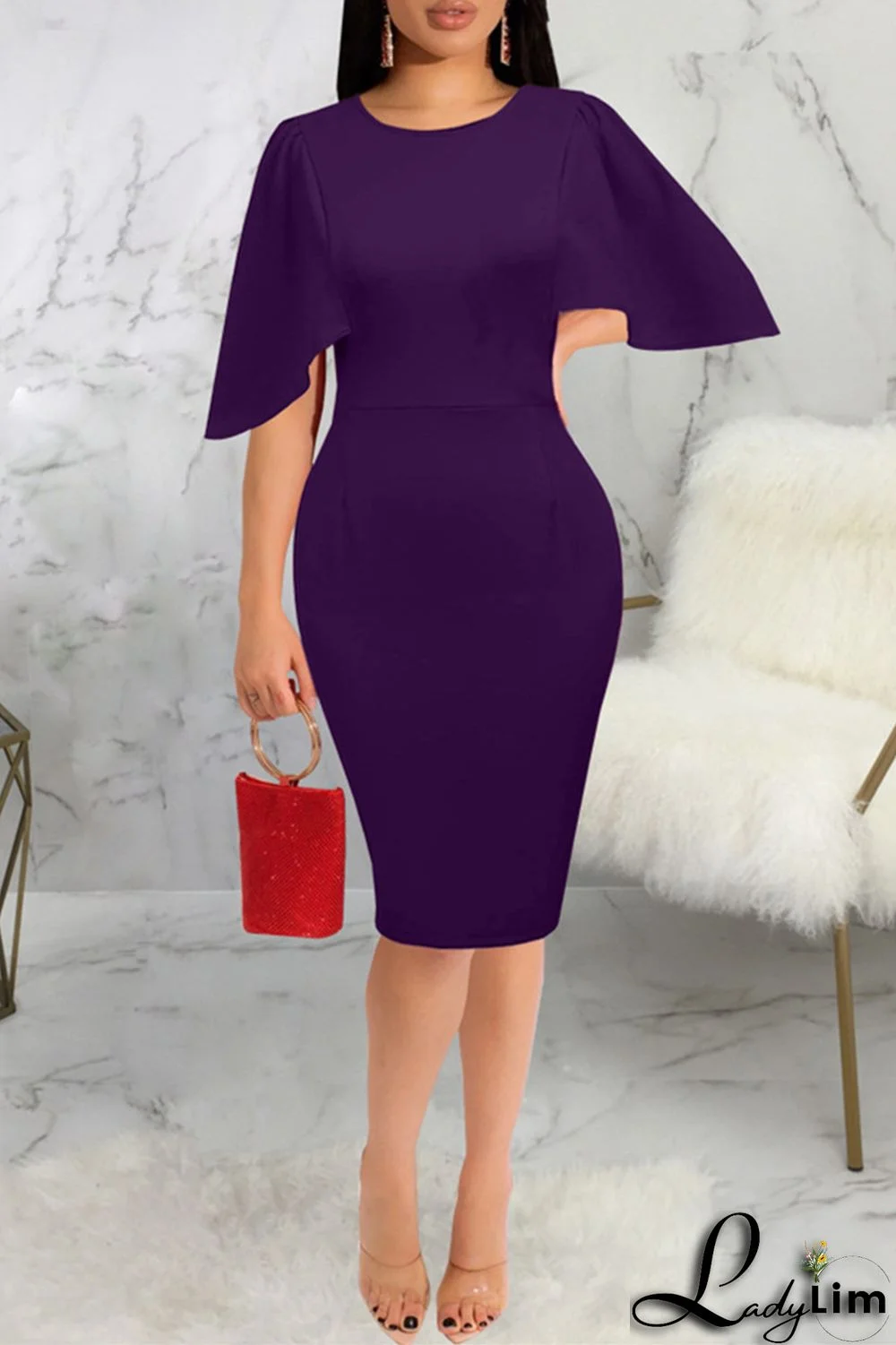 Purple Fashion Casual Solid Basic O Neck Short Sleeve Dress