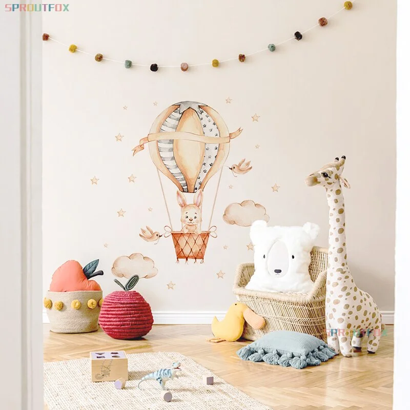 Cartoon Baby Cute Bunny Wall Stickers Hot Air Balloon Wall Decals Baby Nursery Home Decoration Clouds and Stars for Girls Room