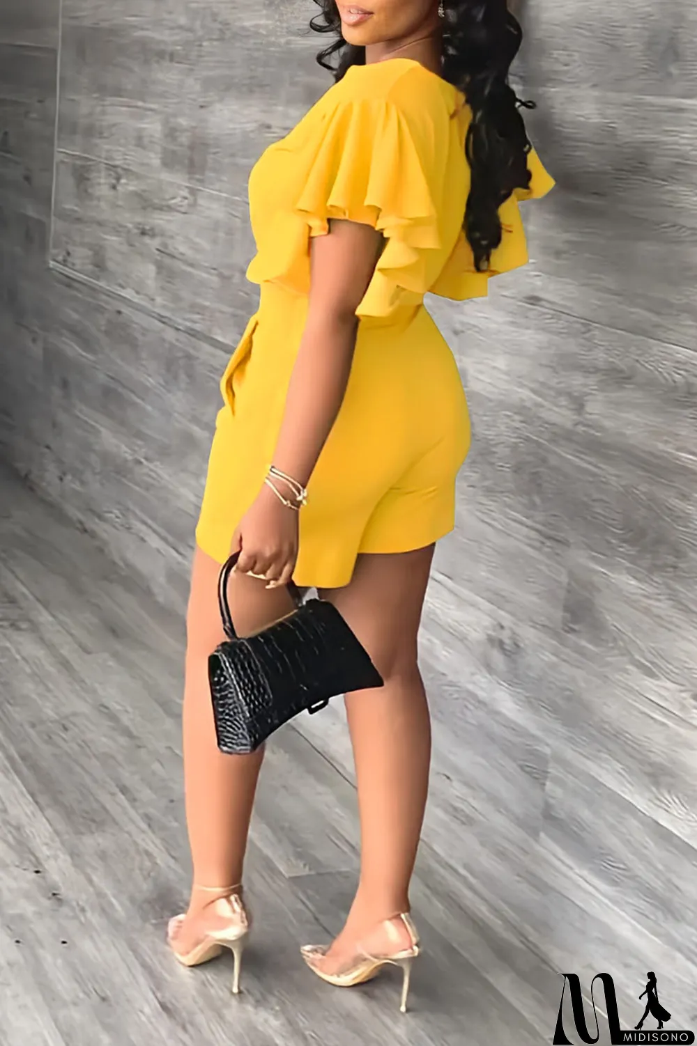 MidiSono - Yellow Casual Solid Patchwork Flounce V Neck Short Sleeve Two Pieces