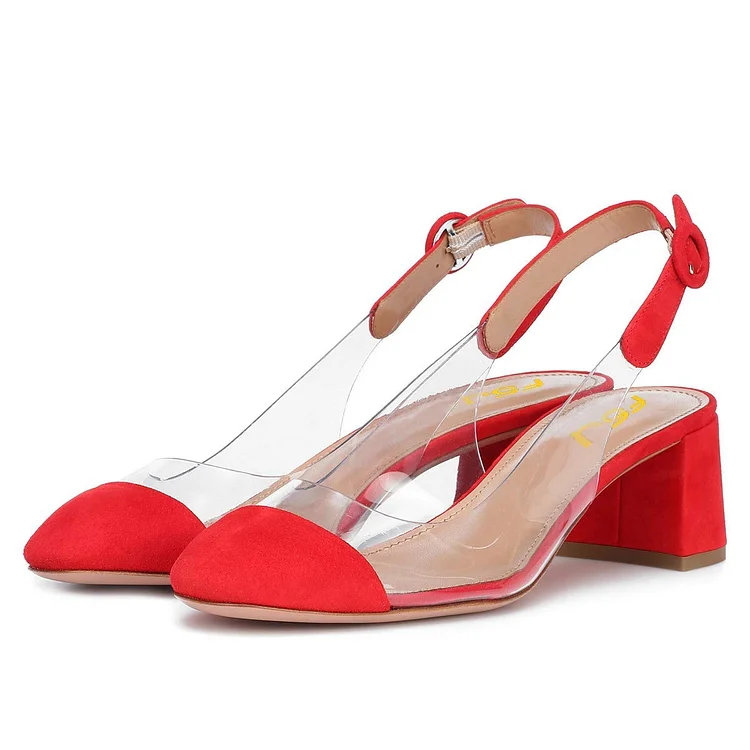 Red transparent Slingback Block Heels Pumps |FSJ Shoes