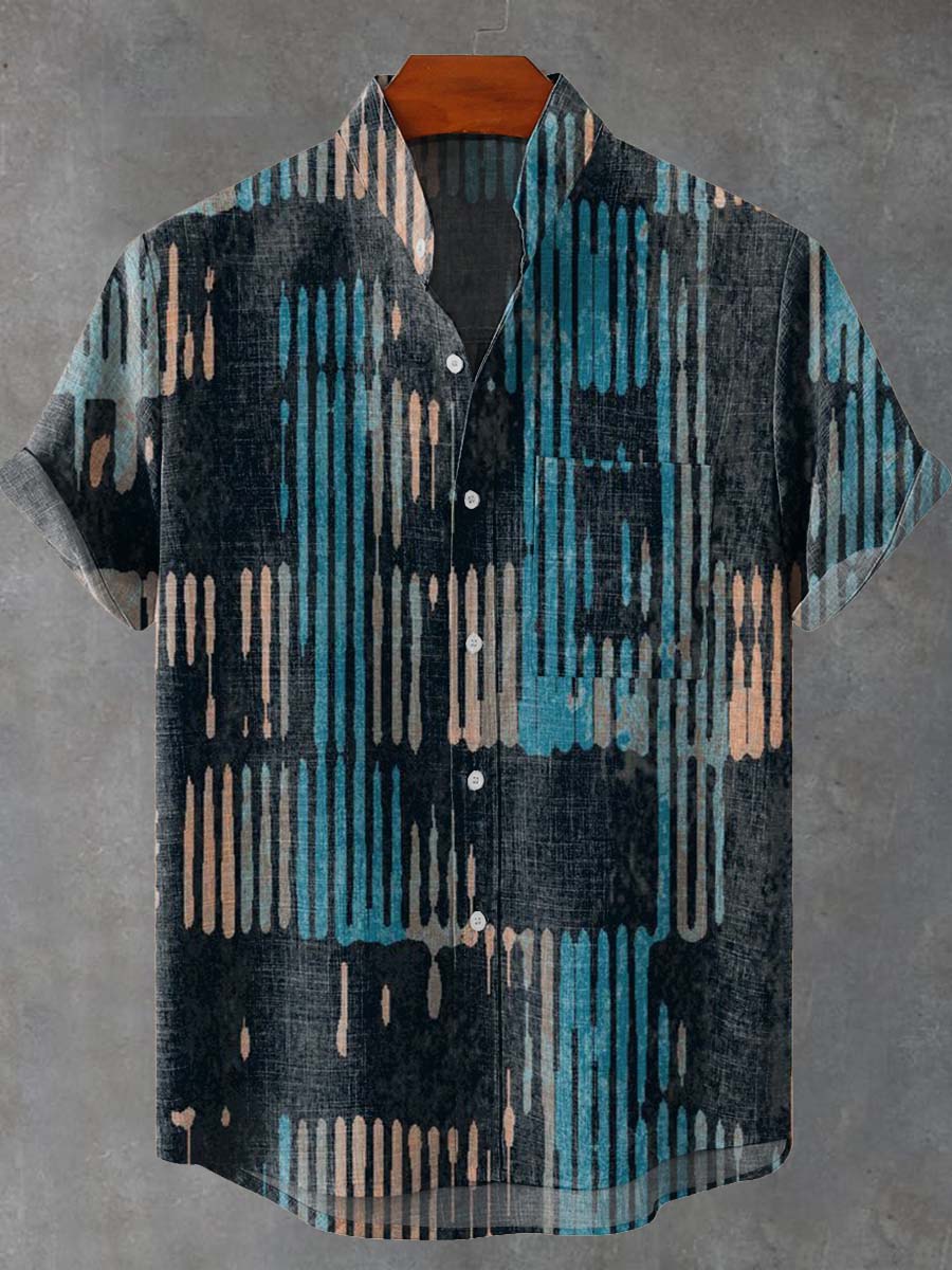Vintage Art Geometric Lines Vintage Print Casual 100% Cotton Shirt