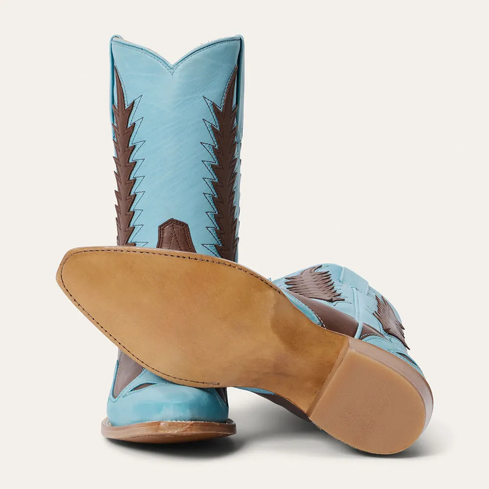 Blue & Brown Snip Toe Flame Underlay Stitching Cowgirl Boots