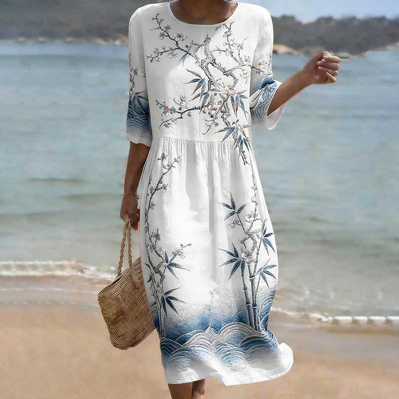 Women's Japanese Flower Art Print Round Neck Midi Dress wearshes