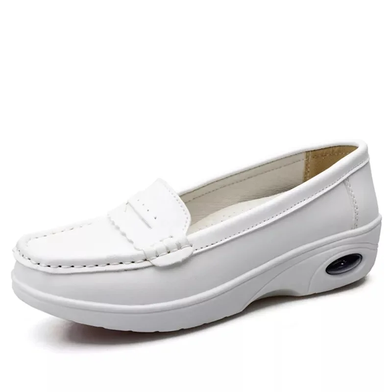 Qengg Spring Loafers Flats Women Ladies Solid White Air Cushion Nursing shoes Casual Shoes Slip-on Boat Deck shoesE981