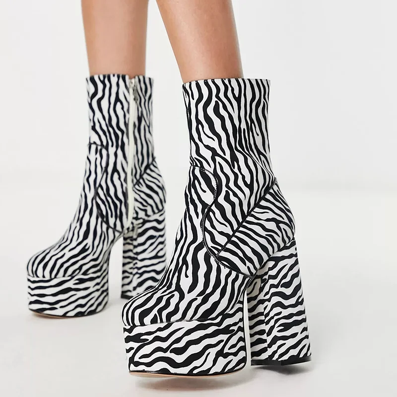 Black & White Zebra Ankle Booties Platform Chunky Heel Boots Nicepairs
