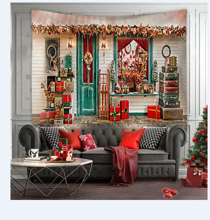 Christmas Tree Print Tapestry Wall Hanging Background Cloth Decor Red Santa Claus Polyester Tapestry Home Room Wall Decoration