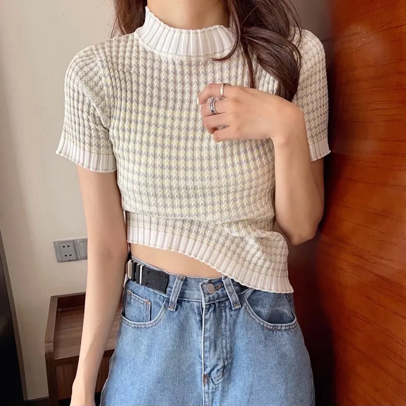 Uveng Uveng Summer New Korean Version Of The Impact Of The Wave Striped Ice Silk Bottom Shirt Short-Sleeved Knitted T-Shirt Tide
