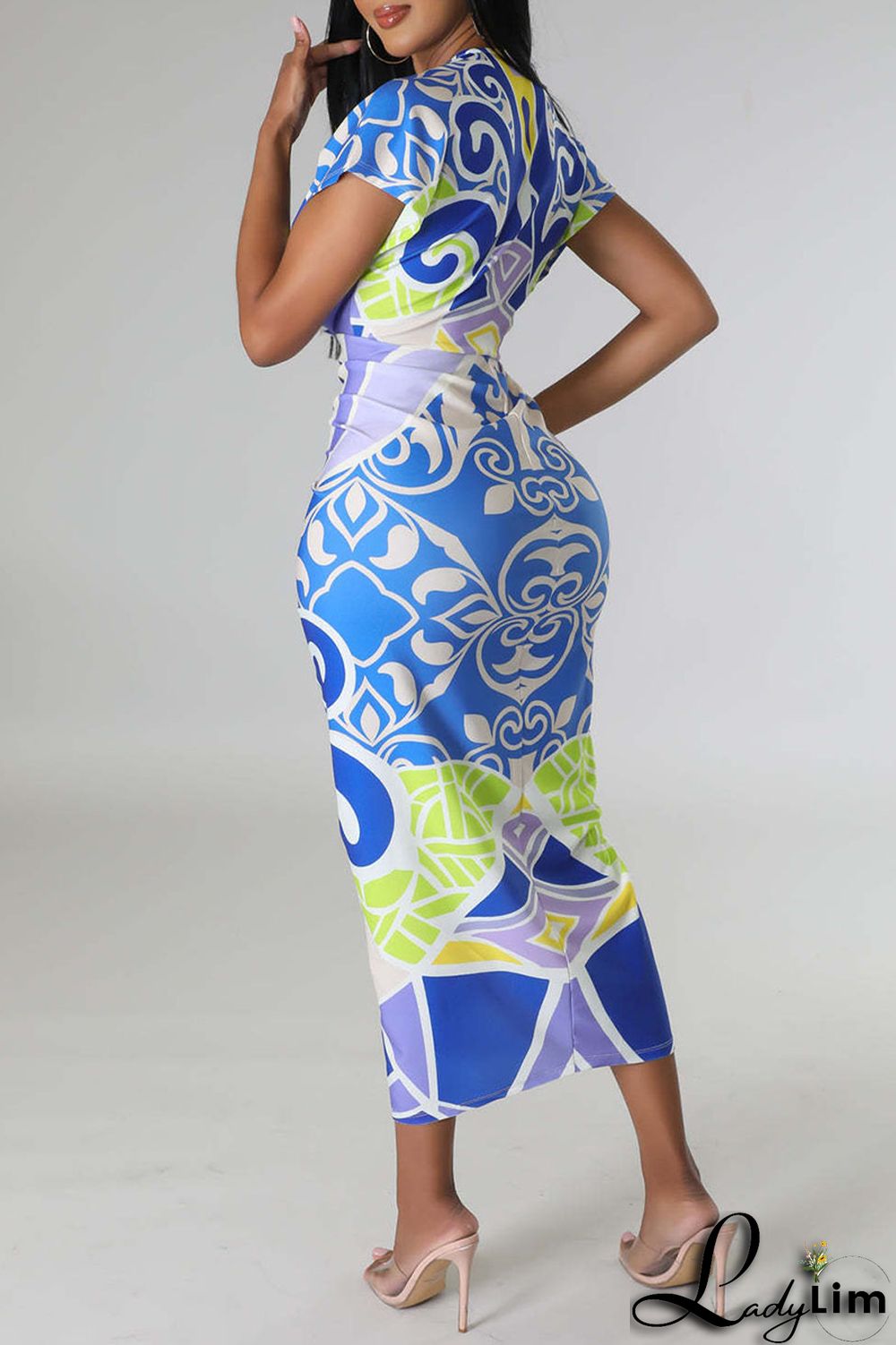 Royal Blue Sexy Print Patchwork Fold V Neck One Step Skirt Dresses