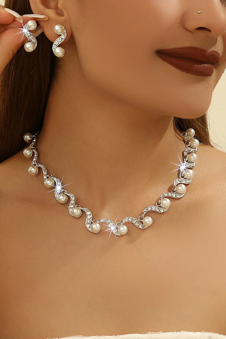 Wedding Pearls Geometric Rhinestone Inlaid Earrings Necklace Jewelry Set 2024 - Xpluswear