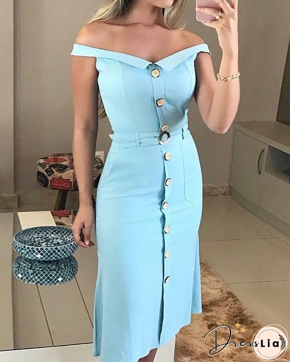 Off Shoulder Button Up Bodycon Dress With Belt P13577