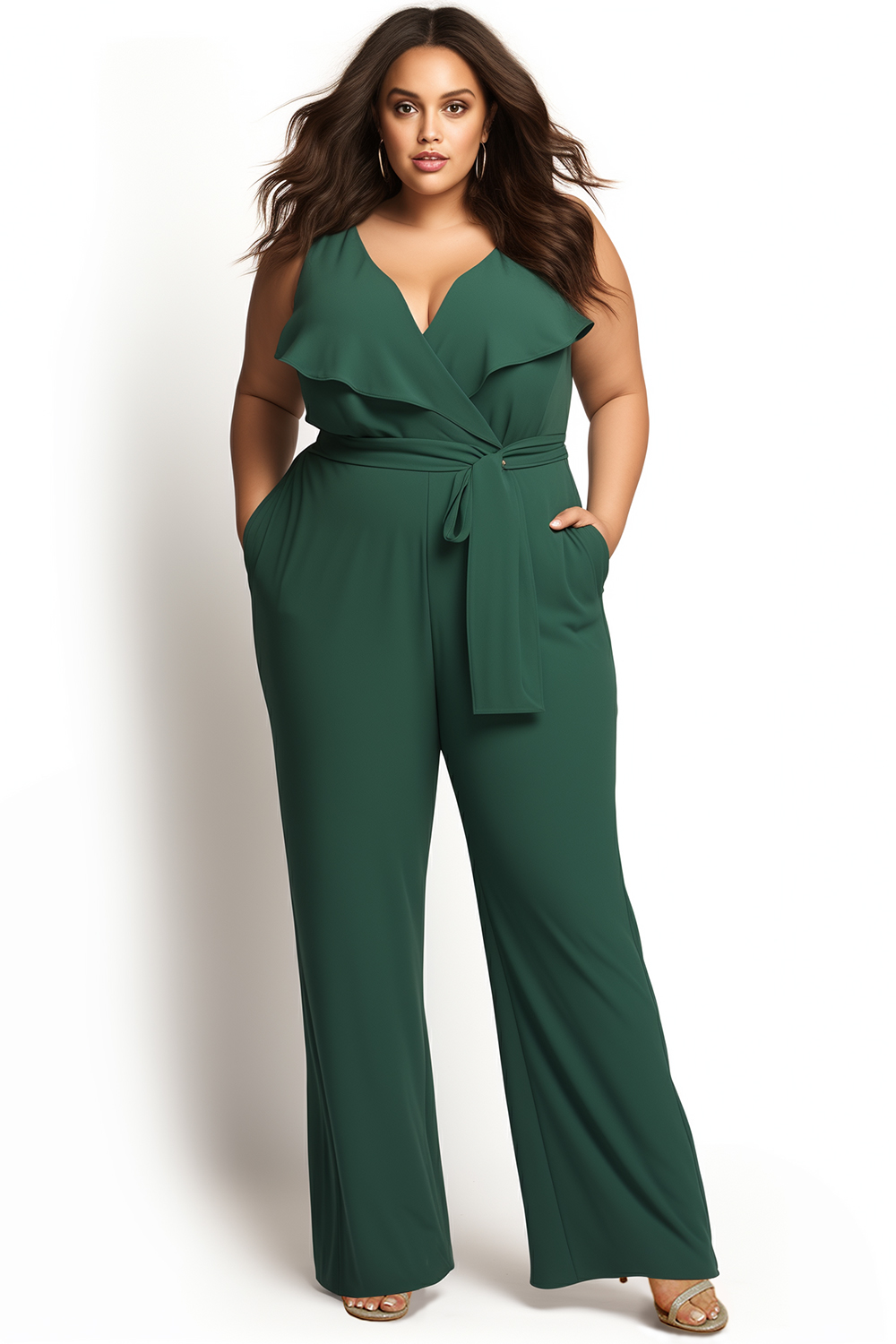 Flycurvy Plus Size Everyday Dark Green Chiffon Wrap Ruffle Pocket Jumpsuit